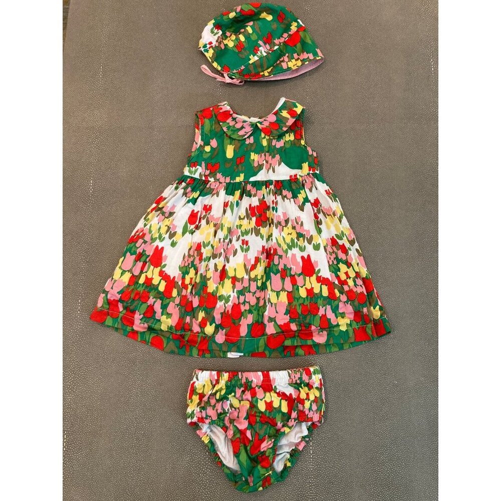 Hanna Andersson Flowered Dress W/ Hat, Bloomers 12-18 M